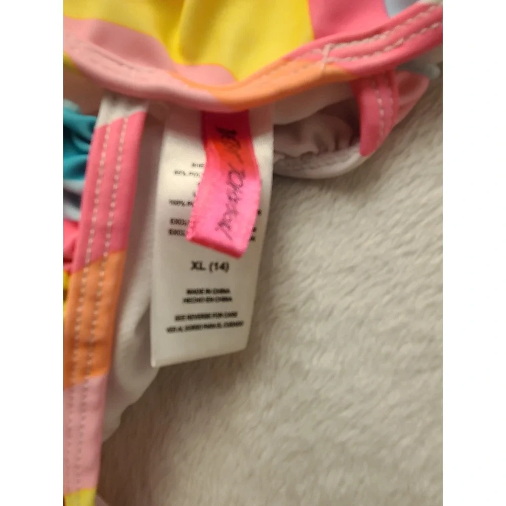 Betsey Johnson Girls XL 14 Sequin Unicorn One Piece Swimsuit Retro Wavy Pom Pom